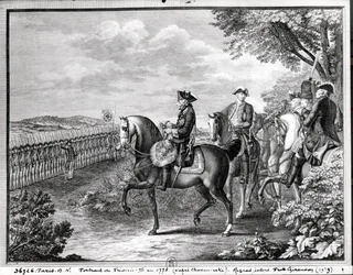 Le roi Frédéric II de Prusse (1712-86) passant en revue les troupes en 1778